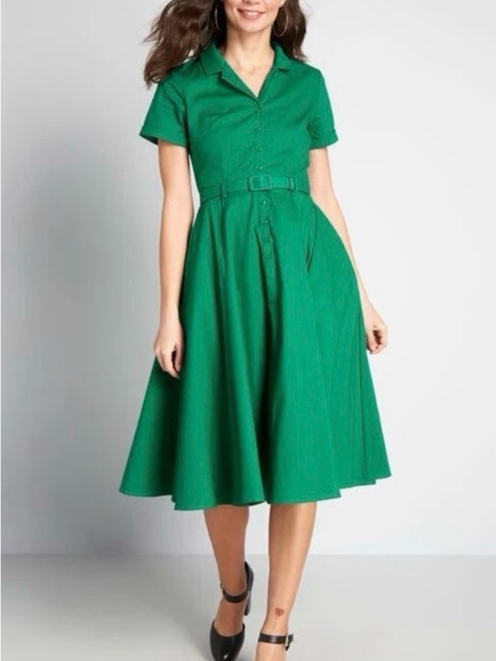 NWT Modcloth X Collectif Emerald Green Caterina plain swing Dress with Belt